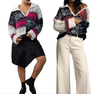 Anthropologie Pilcro V-Neck Fuzzy Printed Popover Sweater Size 1X